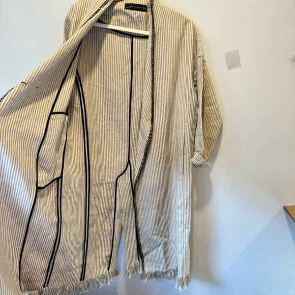 NWOT Zara Beige Linen Striped Fringe Trim Hem Midi Duster Wrap Coat Cardigan - Picture 8 of 16